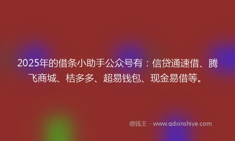 2025年的借条小助手公众号有：信贷通速借、腾飞商城、桔多多、超易钱包、现金易借等。
