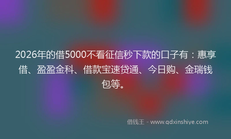 2026年的借5000不看征信秒下款的口子有：惠享借、盈盈金科、借款宝速贷通、今日购、金瑞钱包等。