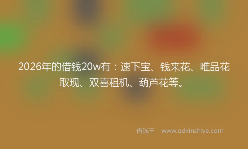 2026年的借钱20w有：速下宝、钱来花、唯品花取现、双喜租机、葫芦花等。