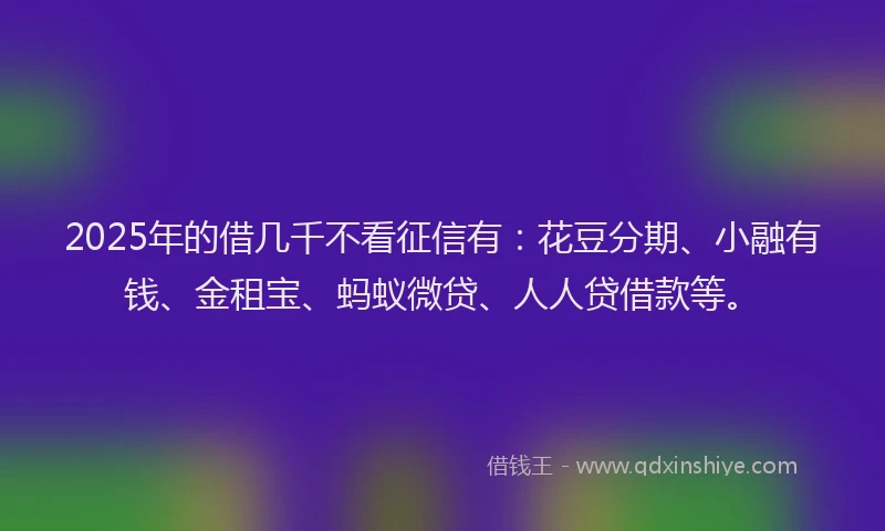 2025年的借几千不看征信有：花豆分期、小融有钱、金租宝、蚂蚁微贷、人人贷借款等。