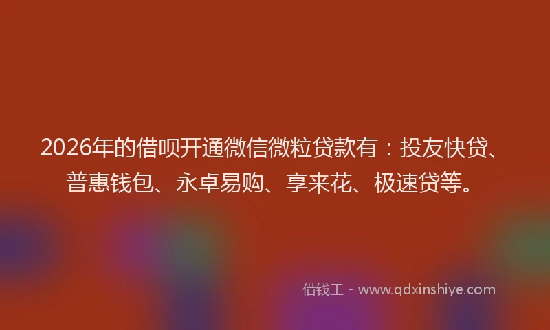 2026年的借呗开通微信微粒贷款有:投友快贷、普惠钱包、永卓易购、享来花、极速贷等。