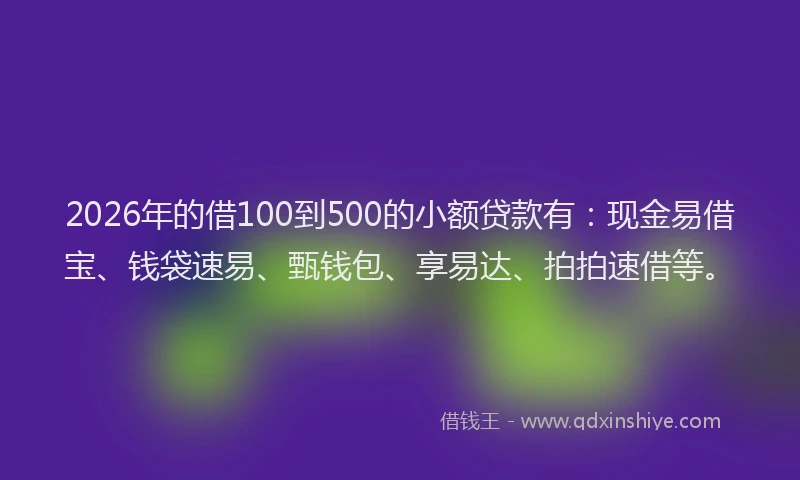 2026年的借100到500的小额贷款有:现金易借宝、钱袋速易、甄钱包、享易达、拍拍速借等。