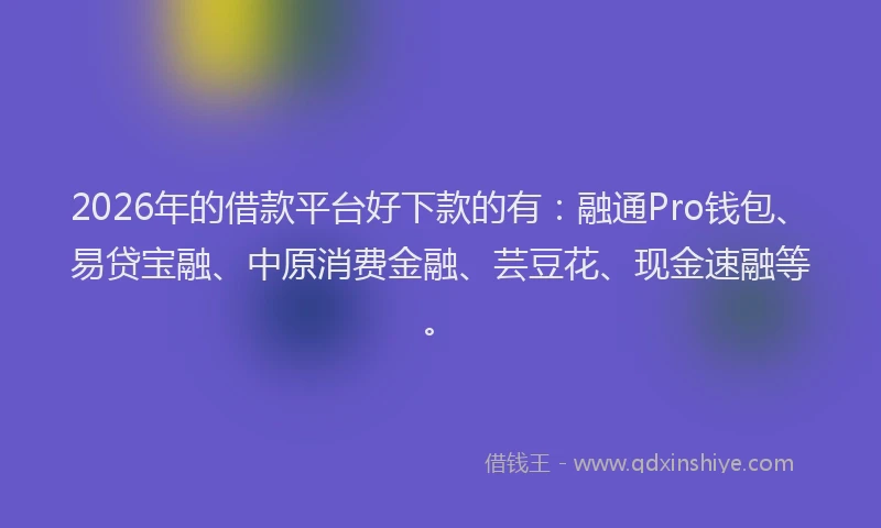2026年的借款平台好下款的有:融通Pro钱包、易贷宝融、中原消费金融、芸豆花、现金速融等。