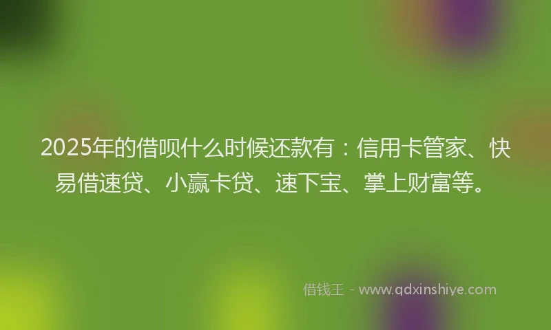 2025年的借呗什么时候还款有:信用卡管家、快易借速贷、小赢卡贷、速下宝、掌上财富等。