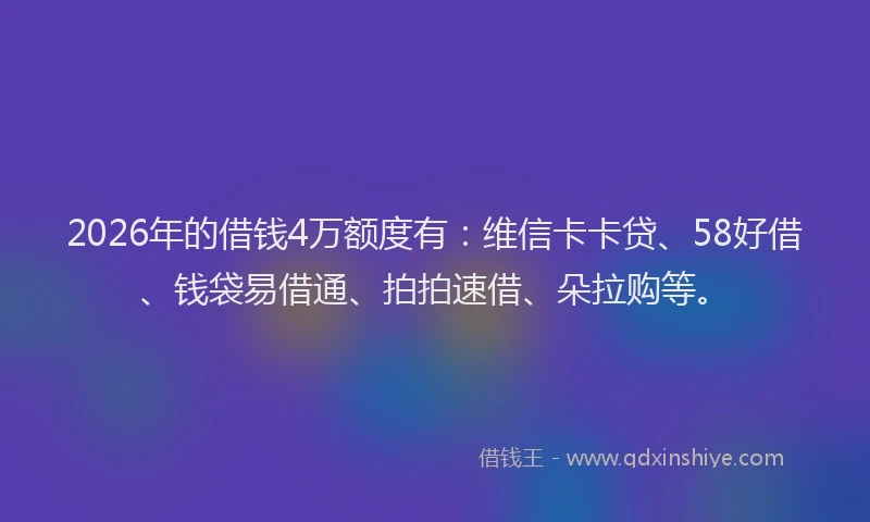 2026年的借钱4万额度有：维信卡卡贷、58好借、钱袋易借通、拍拍速借、朵拉购等。