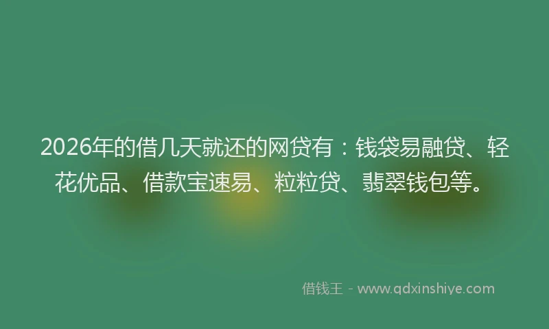 2026年的借几天就还的网贷有：钱袋易融贷、轻花优品、借款宝速易、粒粒贷、翡翠钱包等。