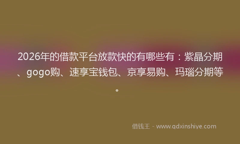 2026年的借款平台放款快的有哪些有：紫晶分期、gogo购、速享宝钱包、京享易购、玛瑙分期等。