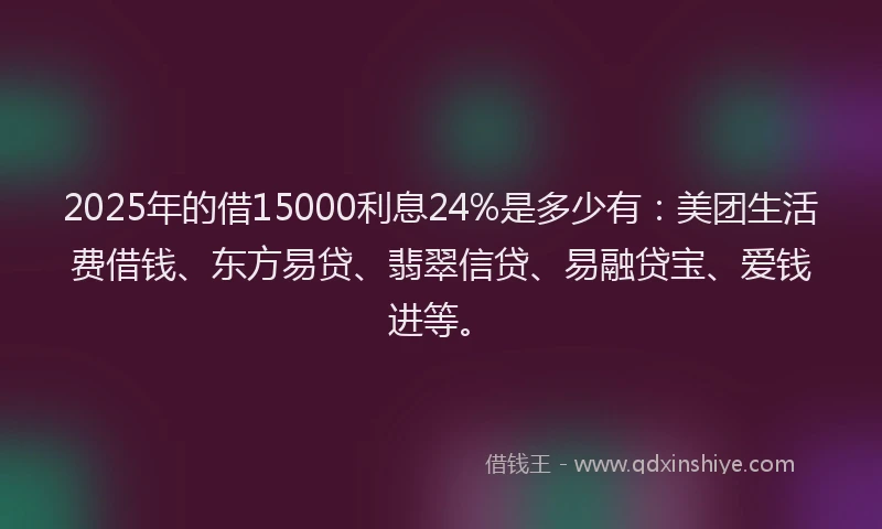 2025年的借15000利息24%是多少有:美团生活费借钱、东方易贷、翡翠信贷、易融贷宝、爱钱进等。