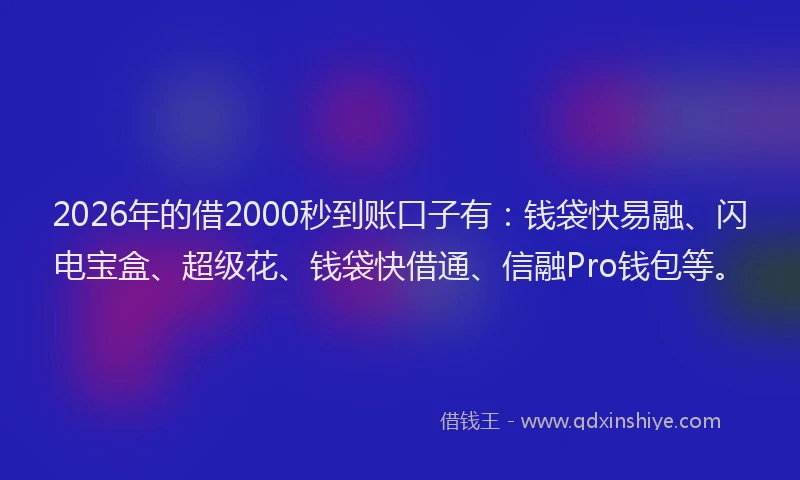 2026年的借2000秒到账口子有:钱袋快易融、闪电宝盒、超级花、钱袋快借通、信融Pro钱包等。