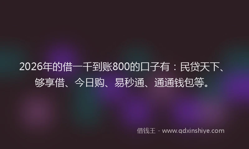 2026年的借一千到账800的口子有:民贷天下、够享借、今日购、易秒通、通通钱包等。