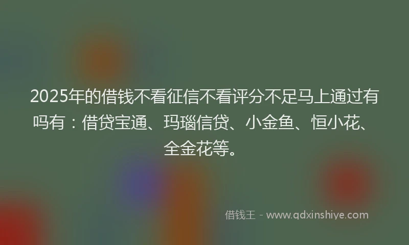 2025年的借钱不看征信不看评分不足马上通过有吗有：借贷宝通、玛瑙信贷、小金鱼、恒小花、全金花等。