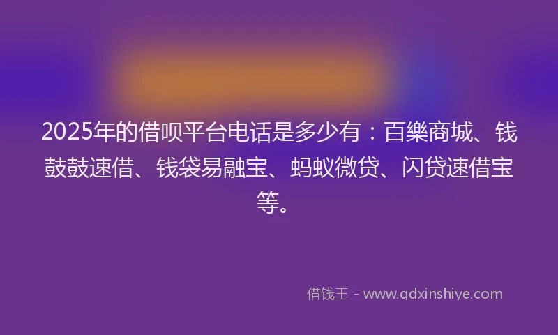 2025年的借呗平台电话是多少有：百樂商城、钱鼓鼓速借、钱袋易融宝、蚂蚁微贷、闪贷速借宝等。