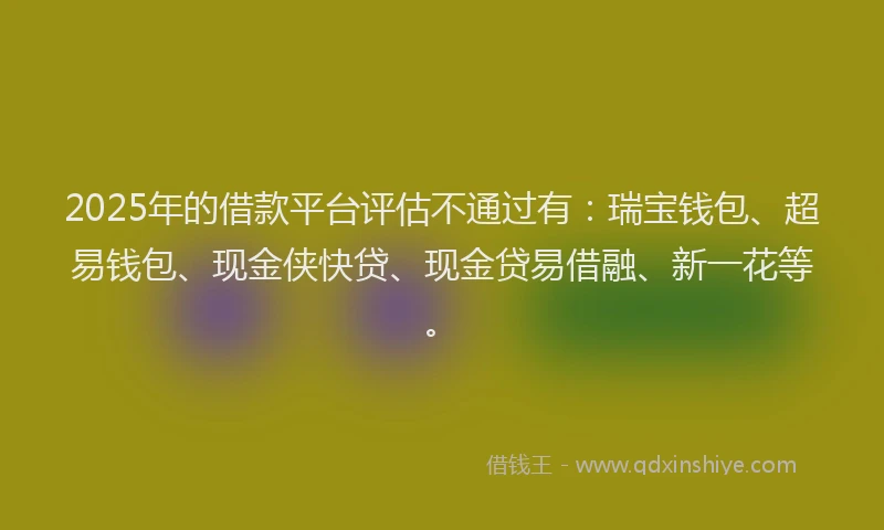 2025年的借款平台评估不通过有：瑞宝钱包、超易钱包、现金侠快贷、现金贷易借融、新一花等。