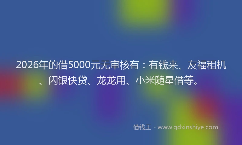 2026年的借5000元无审核有:有钱来、友福租机、闪银快贷、龙龙用、小米随星借等。