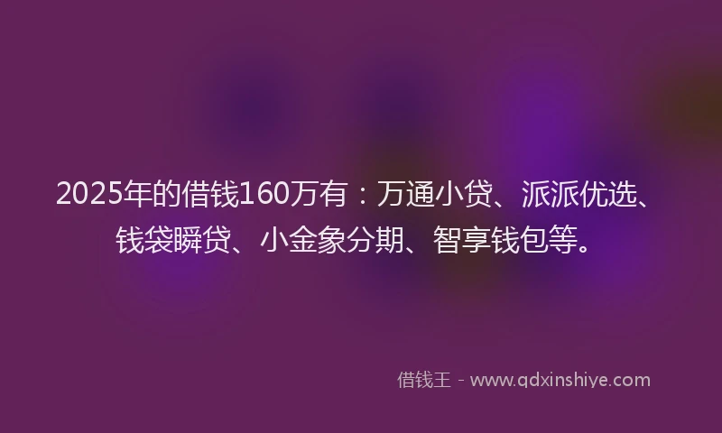 2025年的借钱160万有：万通小贷、派派优选、钱袋瞬贷、小金象分期、智享钱包等。