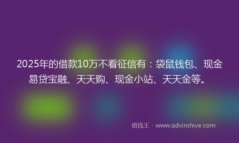 2025年的借款10万不看征信有：袋鼠钱包、现金易贷宝融、天天购、现金小站、天天金等。