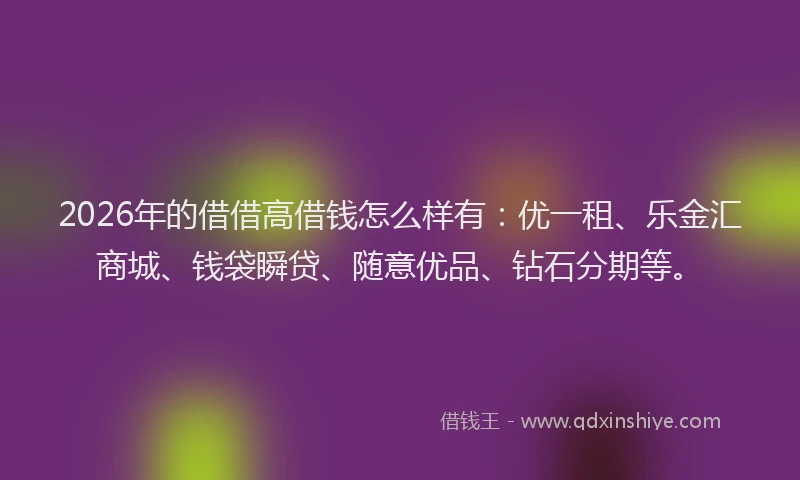 2026年的借借高借钱怎么样有：优一租、乐金汇商城、钱袋瞬贷、随意优品、钻石分期等。