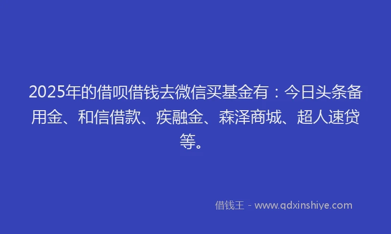 2025年的借呗借钱去微信买基金有:今日头条备用金、和信借款、疾融金、森泽商城、超人速贷等。