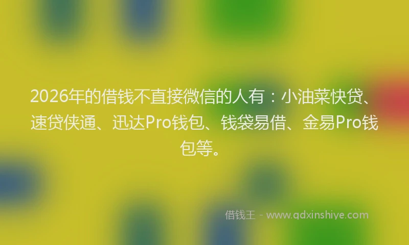 2026年的借钱不直接微信的人有：小油菜快贷、速贷侠通、迅达Pro钱包、钱袋易借、金易Pro钱包等。