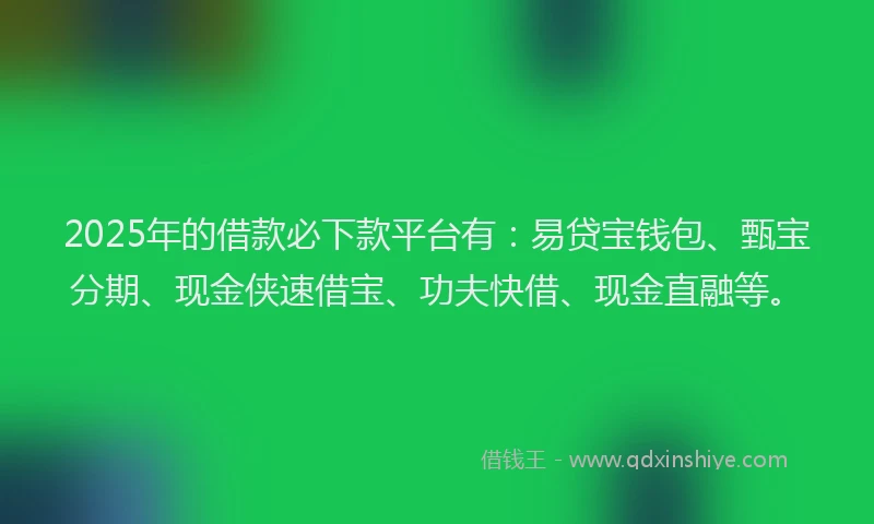 2025年的借款必下款平台有:易贷宝钱包、甄宝分期、现金侠速借宝、功夫快借、现金直融等。