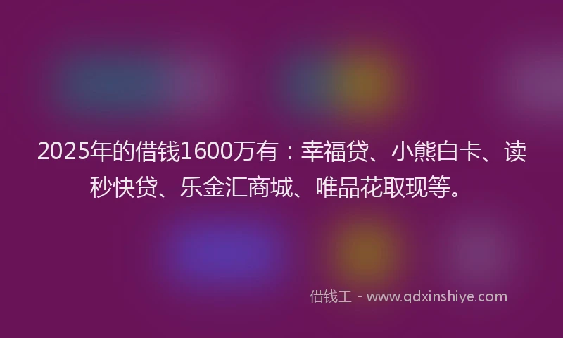 2025年的借钱1600万有:幸福贷、小熊白卡、读秒快贷、乐金汇商城、唯品花取现等。