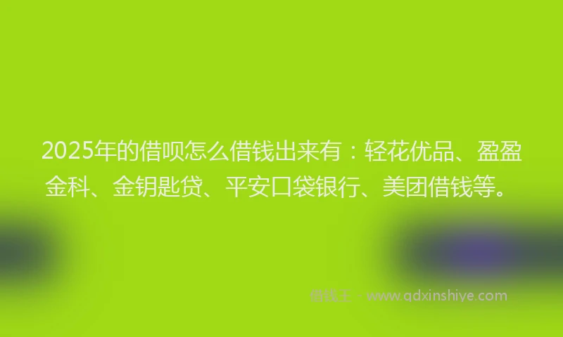2025年的借呗怎么借钱出来有：轻花优品、盈盈金科、金钥匙贷、平安口袋银行、美团借钱等。