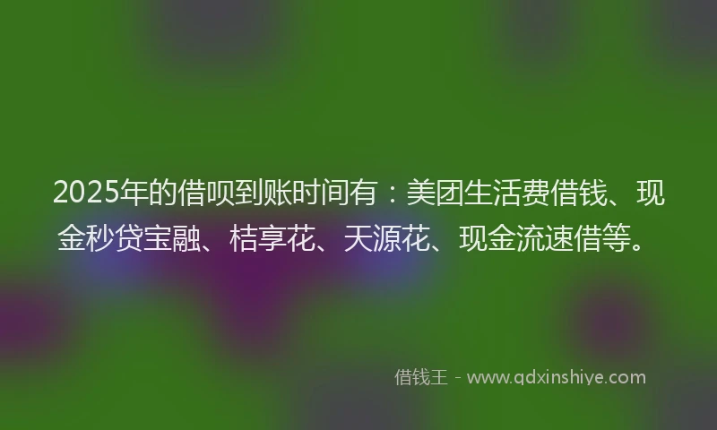 2025年的借呗到账时间有:美团生活费借钱、现金秒贷宝融、桔享花、天源花、现金流速借等。