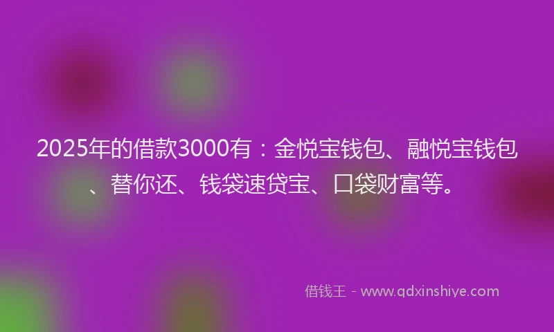 2025年的借款3000有:金悦宝钱包、融悦宝钱包、替你还、钱袋速贷宝、口袋财富等。
