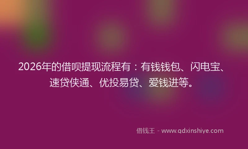 2026年的借呗提现流程有:有钱钱包、闪电宝、速贷侠通、优投易贷、爱钱进等。