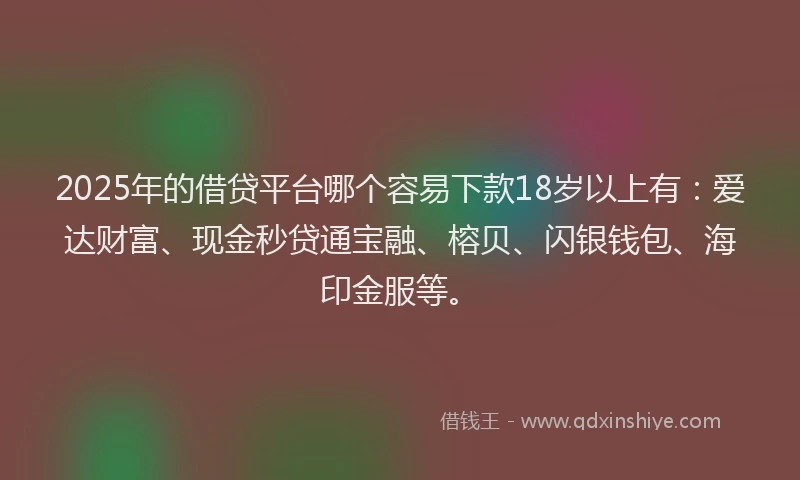 2025年的借贷平台哪个容易下款18岁以上有：爱达财富、现金秒贷通宝融、榕贝、闪银钱包、海印金服等。