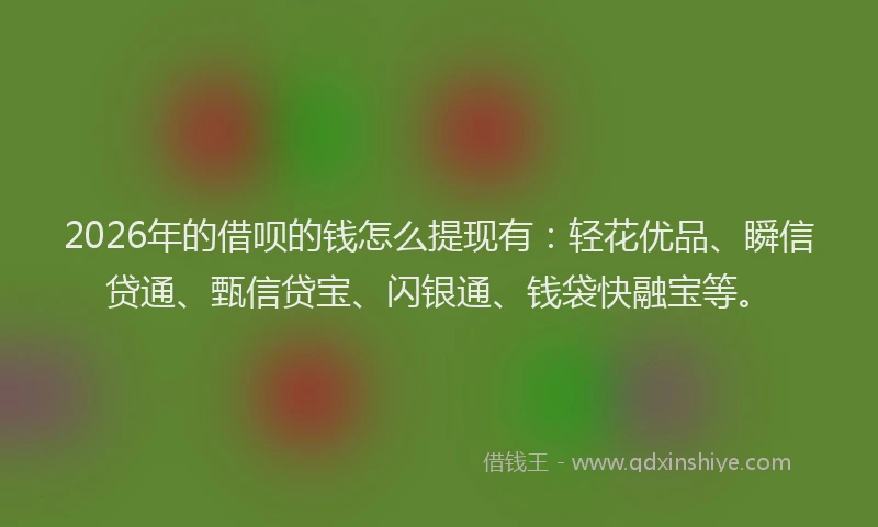 2026年的借呗的钱怎么提现有:轻花优品、瞬信贷通、甄信贷宝、闪银通、钱袋快融宝等。