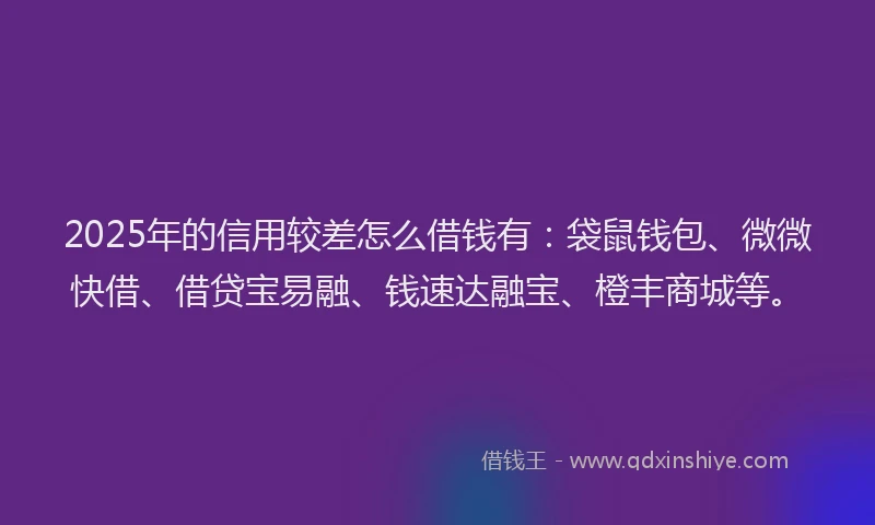 2025年的信用较差怎么借钱有:袋鼠钱包、微微快借、借贷宝易融、钱速达融宝、橙丰商城等。