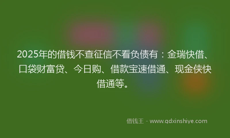 2025年的借钱不查征信不看负债有:金瑞快借、口袋财富贷、今日购、借款宝速借通、现金侠快借通等。