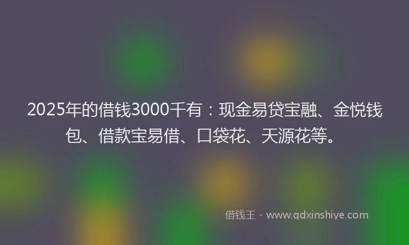 2025年的借钱3000千有:现金易贷宝融、金悦钱包、借款宝易借、口袋花、天源花等。