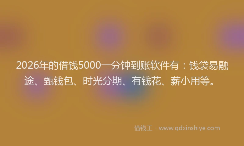 2026年的借钱5000一分钟到账软件有：钱袋易融途、甄钱包、时光分期、有钱花、薪小用等。