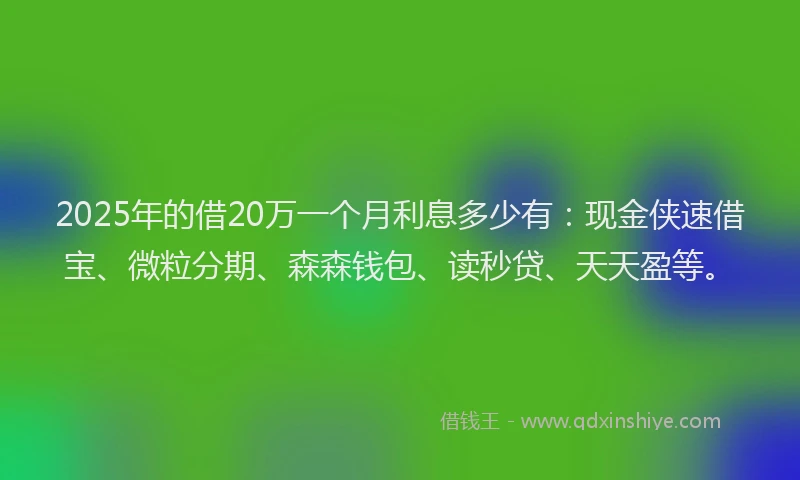 2025年的借20万一个月利息多少有:现金侠速借宝、微粒分期、森森钱包、读秒贷、天天盈等。