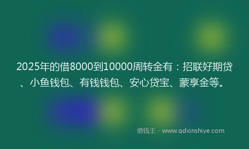 2025年的借8000到10000周转金有：招联好期贷、小鱼钱包、有钱钱包、安心贷宝、蒙享金等。