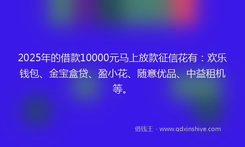 2025年的借款10000元马上放款征信花有：欢乐钱包、金宝盒贷、盈小花、随意优品、中益租机等。