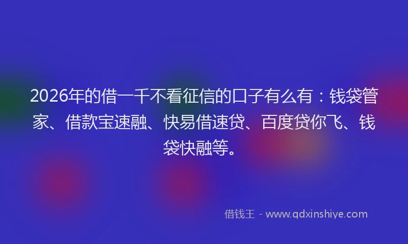 2026年的借一千不看征信的口子有么有：钱袋管家、借款宝速融、快易借速贷、百度贷你飞、钱袋快融等。