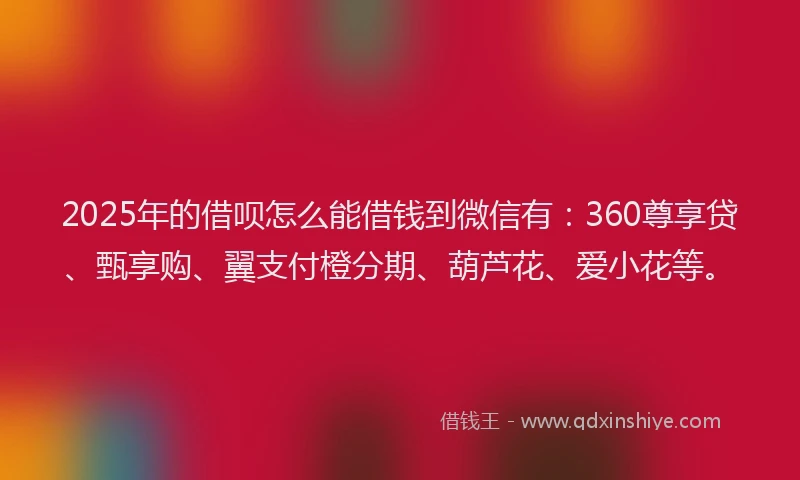 2025年的借呗怎么能借钱到微信有：360尊享贷、甄享购、翼支付橙分期、葫芦花、爱小花等。