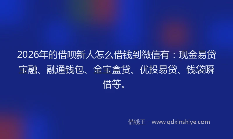 2026年的借呗新人怎么借钱到微信有:现金易贷宝融、融通钱包、金宝盒贷、优投易贷、钱袋瞬借等。
