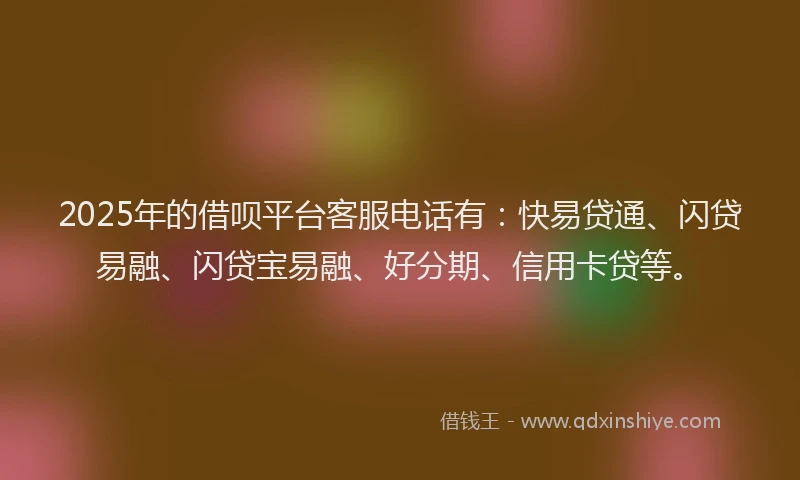 2025年的借呗平台客服电话有：快易贷通、闪贷易融、闪贷宝易融、好分期、信用卡贷等。