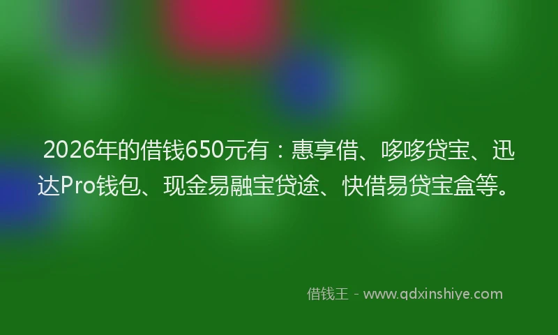 2026年的借钱650元有:惠享借、哆哆贷宝、迅达Pro钱包、现金易融宝贷途、快借易贷宝盒等。