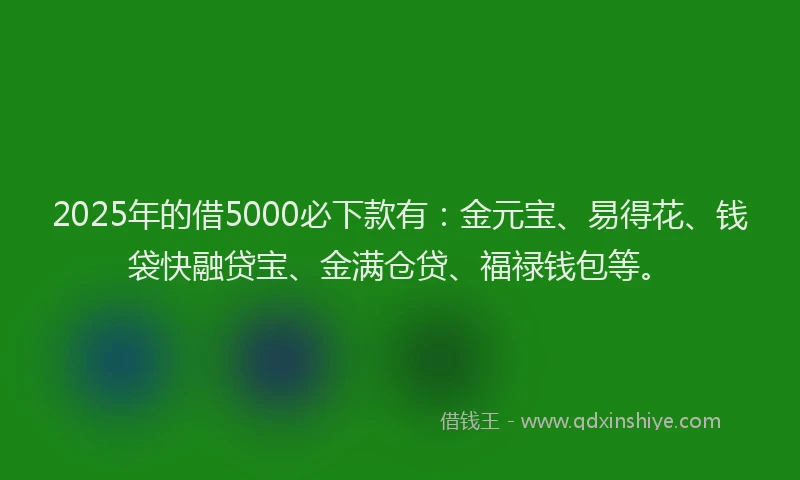 2025年的借5000必下款有:金元宝、易得花、钱袋快融贷宝、金满仓贷、福禄钱包等。