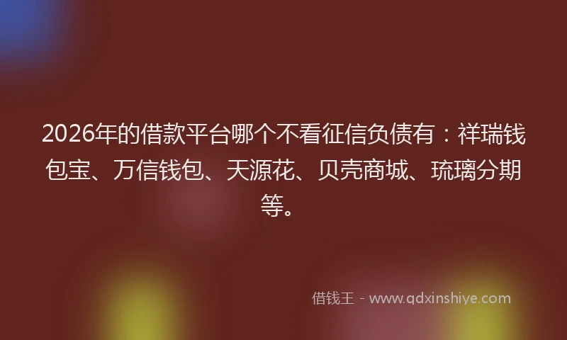 2026年的借款平台哪个不看征信负债有：祥瑞钱包宝、万信钱包、天源花、贝壳商城、琉璃分期等。