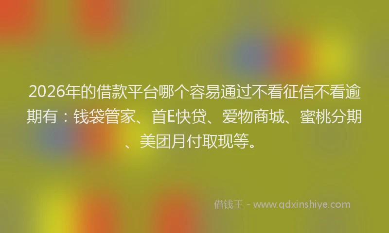 2026年的借款平台哪个容易通过不看征信不看逾期有：钱袋管家、首E快贷、爱物商城、蜜桃分期、美团月付取现等。