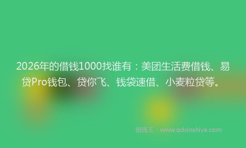 2026年的借钱1000找谁有：美团生活费借钱、易贷Pro钱包、贷你飞、钱袋速借、小麦粒贷等。