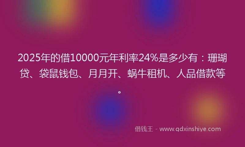 2025年的借10000元年利率24%是多少有：珊瑚贷、袋鼠钱包、月月开、蜗牛租机、人品借款等。