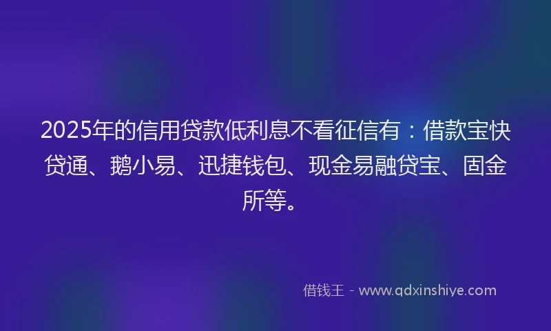 2025年的信用贷款低利息不看征信有：借款宝快贷通、鹅小易、迅捷钱包、现金易融贷宝、固金所等。