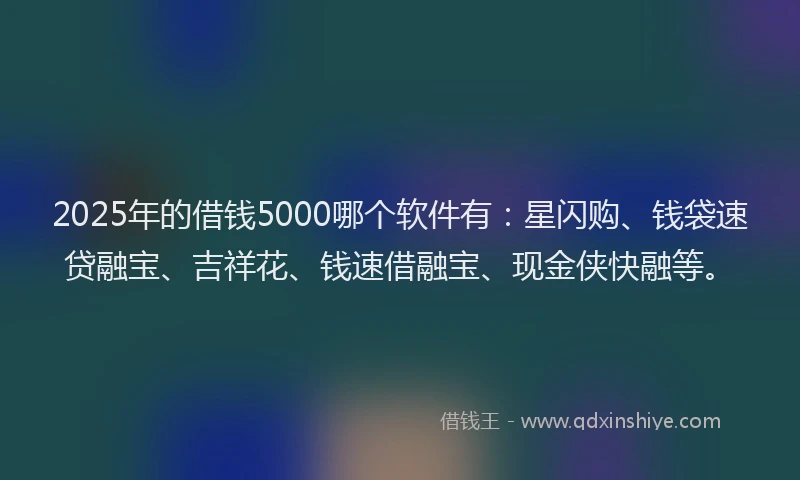 2025年的借钱5000哪个软件有：星闪购、钱袋速贷融宝、吉祥花、钱速借融宝、现金侠快融等。